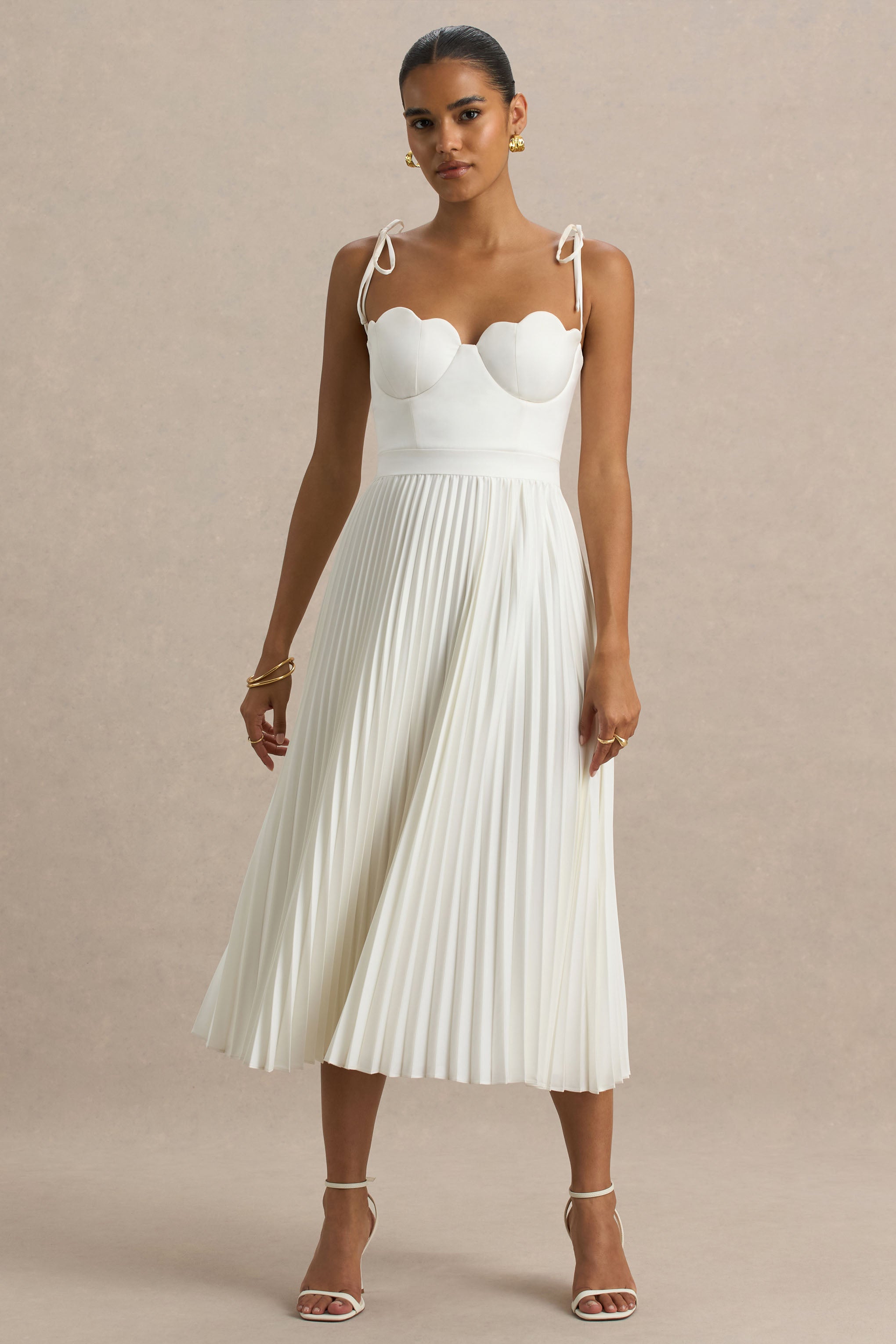 Agua | Cream Satin Sweetheart Midi Dress With Pleated Skirt
