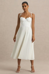 Agua | Cream Satin Sweetheart Midi Dress With Pleated Skirt