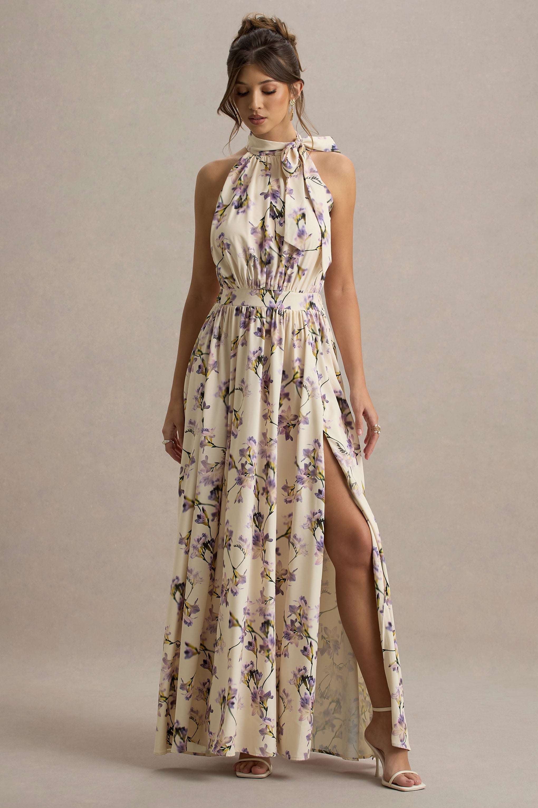 Talia | Lemon Floral Print High-Neck Split Maxi Dress With Bow