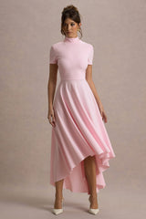 Bellona | Pink High-Neck High-Low Midi Dress