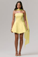 Love Me | Lemon Satin Skater Mini Dress With Chiffon Scarf