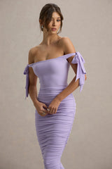 Citrus | Lilac Bardot Bodycon Midi Dress With Bow Sleeves