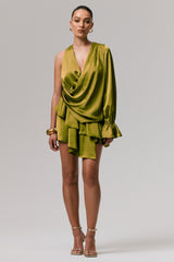 Cara | Olive Satin Plunge-Neck Micro-Mini Dress With Long Sleeve