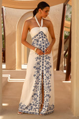 Arula | White & Blue Print Halter-Neck Maxi Dress