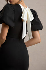 Delaney | Black Puff-Sleeve Mini Dress With White Bow