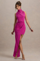 Amphitrite | Hot Pink High-Neck Ruched Maxi Dress With Wrap Skirt