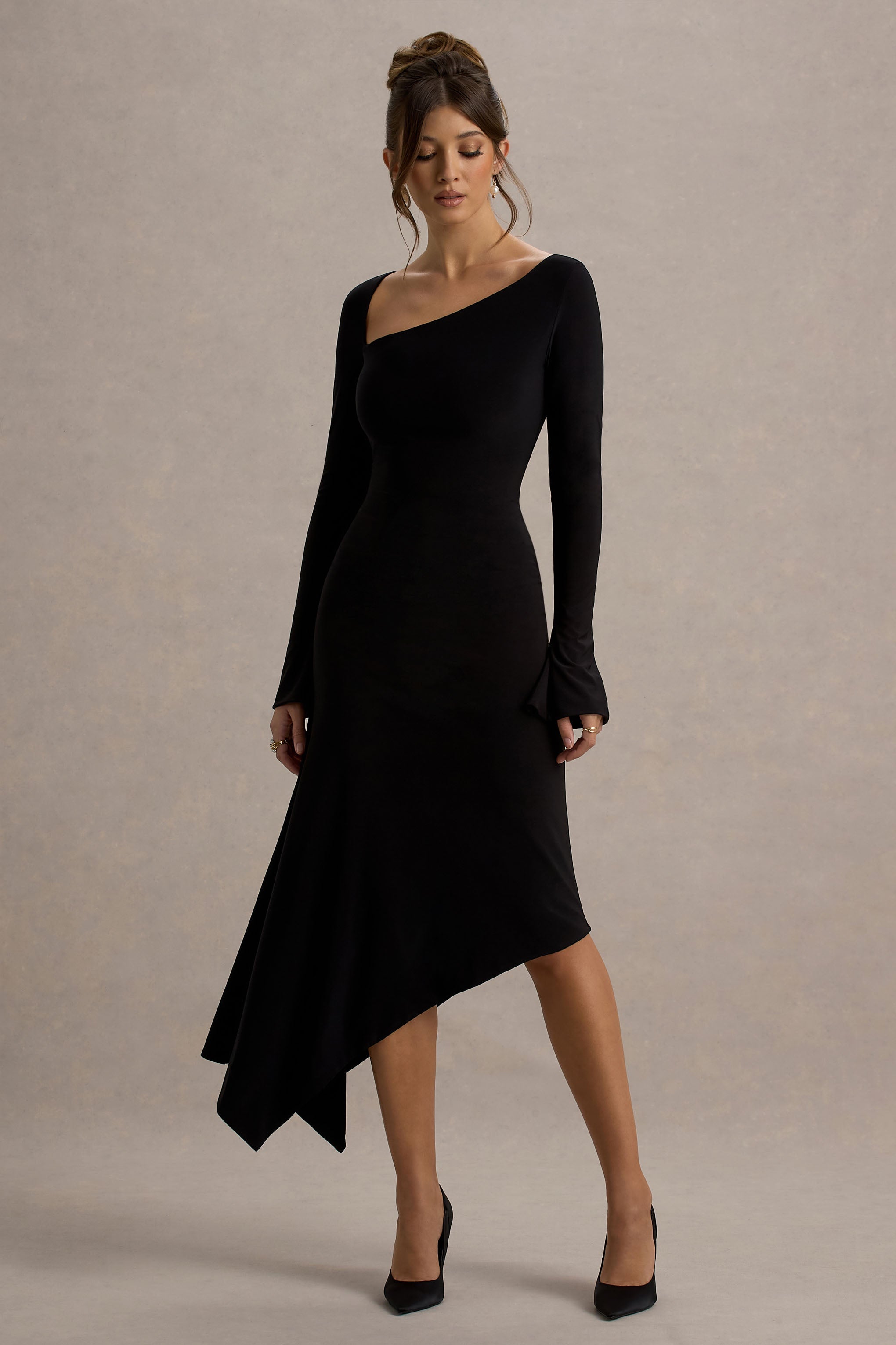 Serenita | Black Asymmetric Long-Sleeve Midi Dress