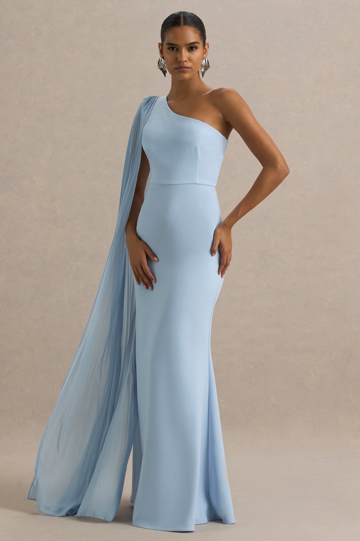 Athens | Powder Blue Asymmetric-Neck Maxi Dress With Cape Sleeve Detail