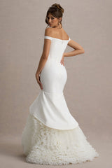 The Greatest | White & Cream Bardot Maxi Dress With Tulle Skirt
