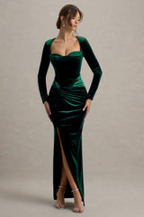 Fay | Bottle Green Velvet Corset Style Knot Maxi Dress
