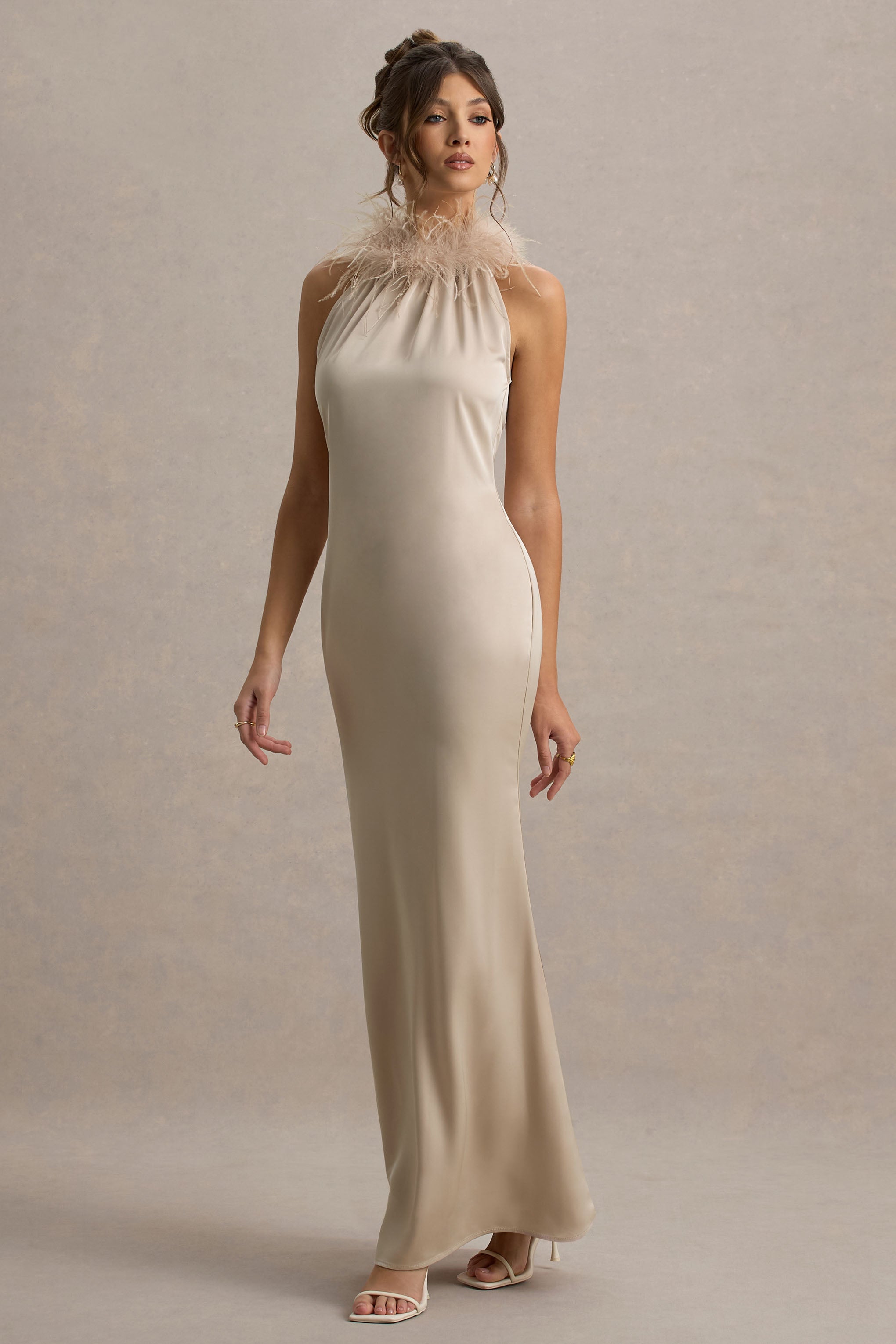 Bianca | Champagne Satin Feather-Trim Maxi Dress