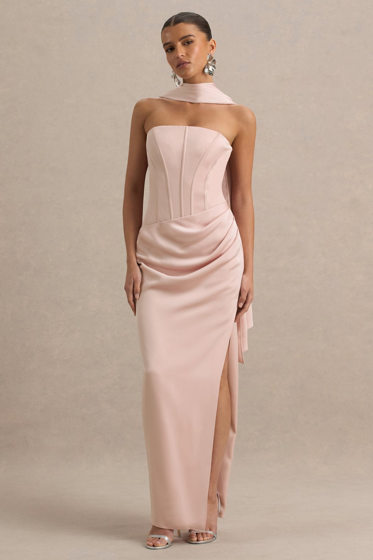 Joseline | Pale Pink Satin Corset Wrap Maxi Dress With Scarf