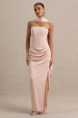 Joseline | Pale Pink Satin Corset Wrap Maxi Dress With Scarf