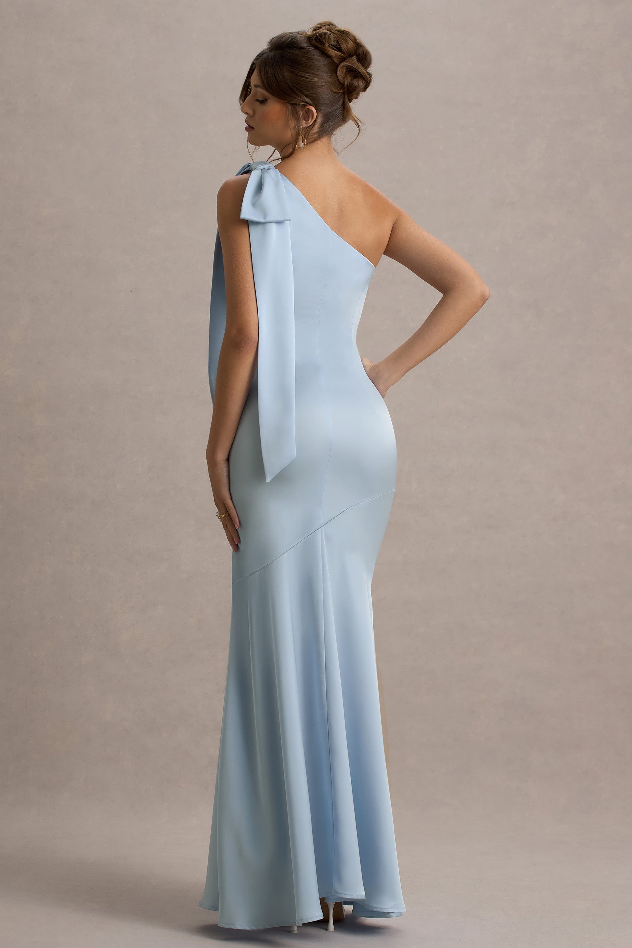 Here For Love | Powder Blue Satin Asymmetric Maxi Dress With Bow