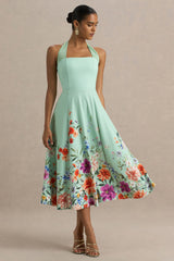 Auburn | Mint Placement Floral Halter-Neck Midi Dress