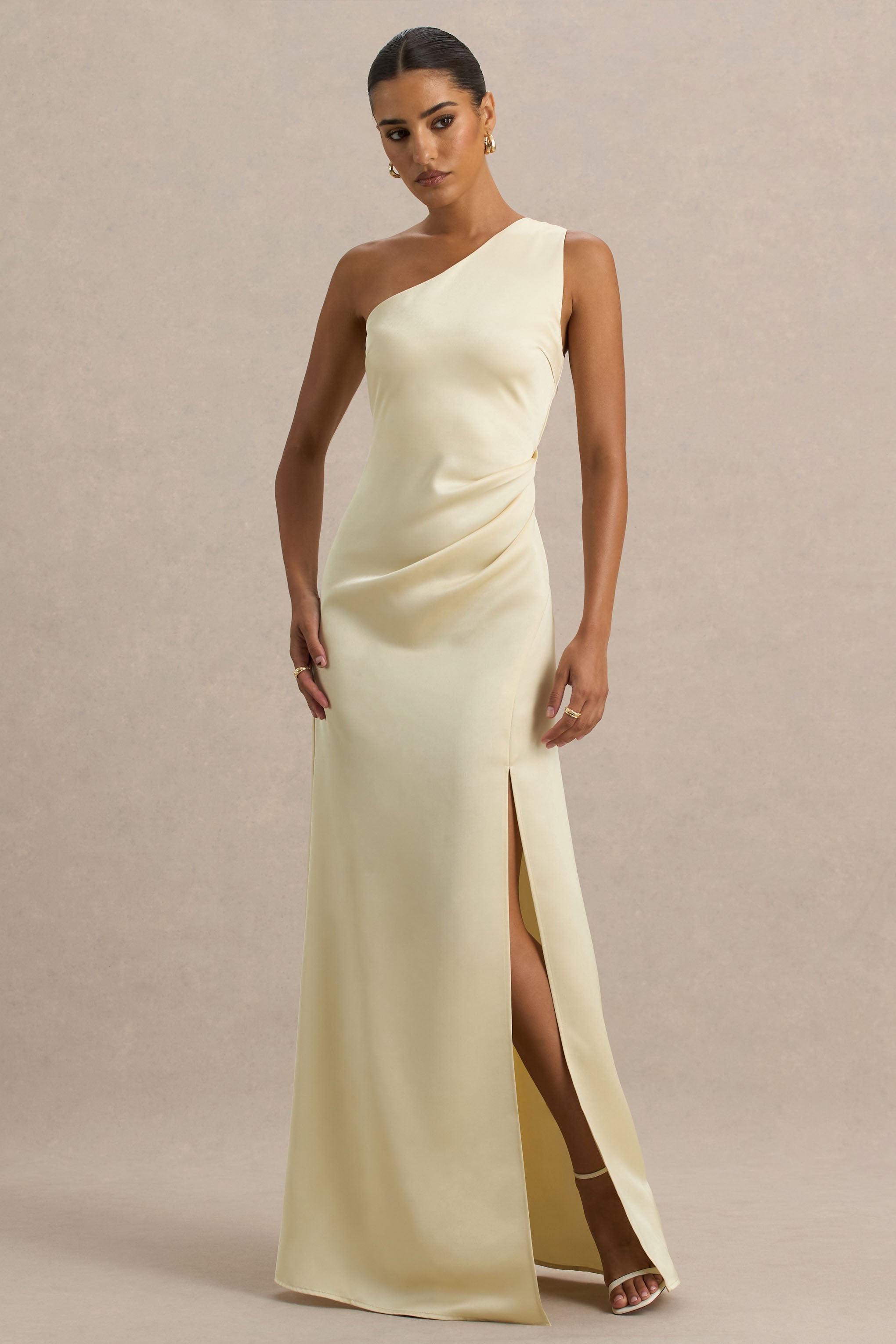 Beth | Lemon Asymmetric Neckline High-Split Maxi Dress