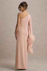 Armina | Blush Pink One-Shoulder Feather-Trim Maxi Dress