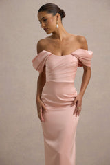 Annita | Light Pink Satin Bardot Maxi Dress