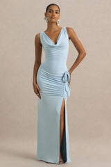 Pure Affection | Powder Blue Cowl-Neck Maxi Dress With Ruched Detailing And Front High Split