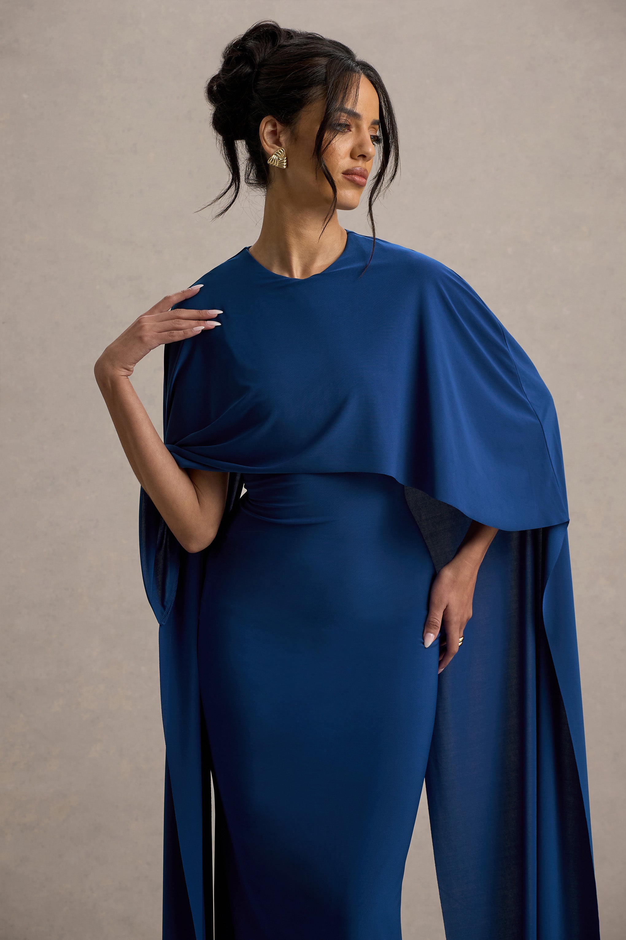 Padma | Blue Draped Maxi Dress With Cape Sleeves