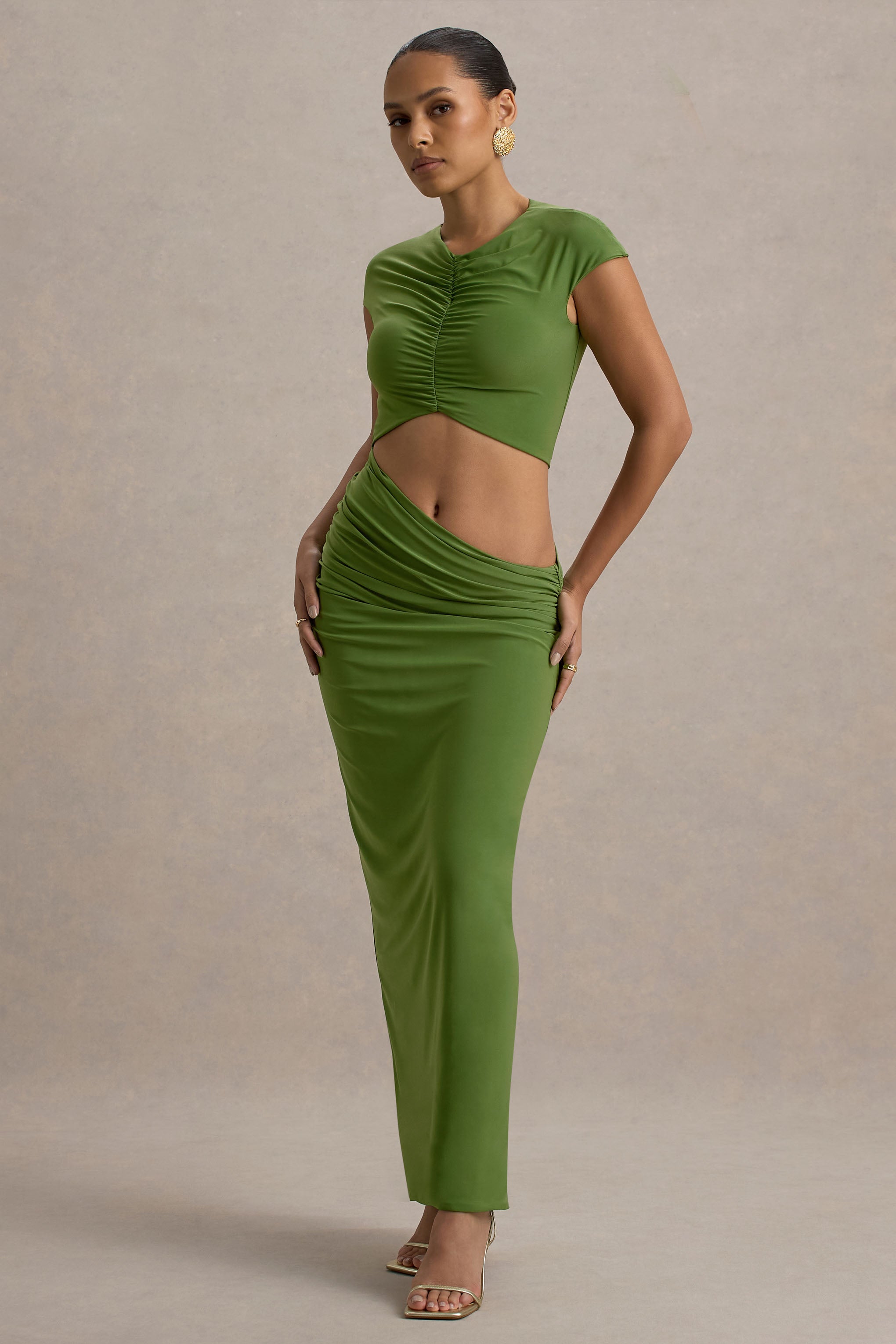 Pia | Green Short-Sleeve Maxi Dress With Cut-Out