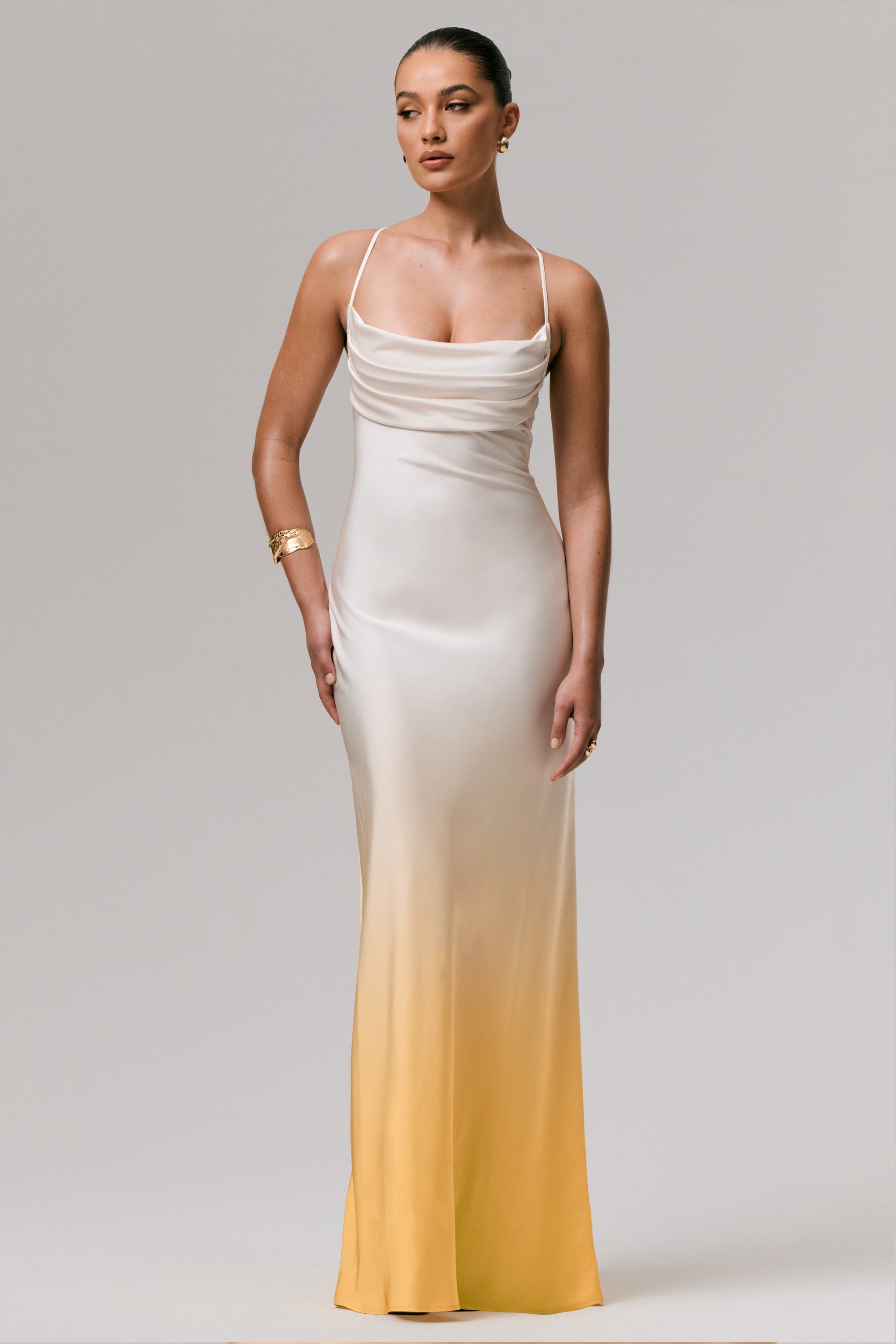 Lucie | Yellow Ombre Satin Cowl-Neck Maxi Dress