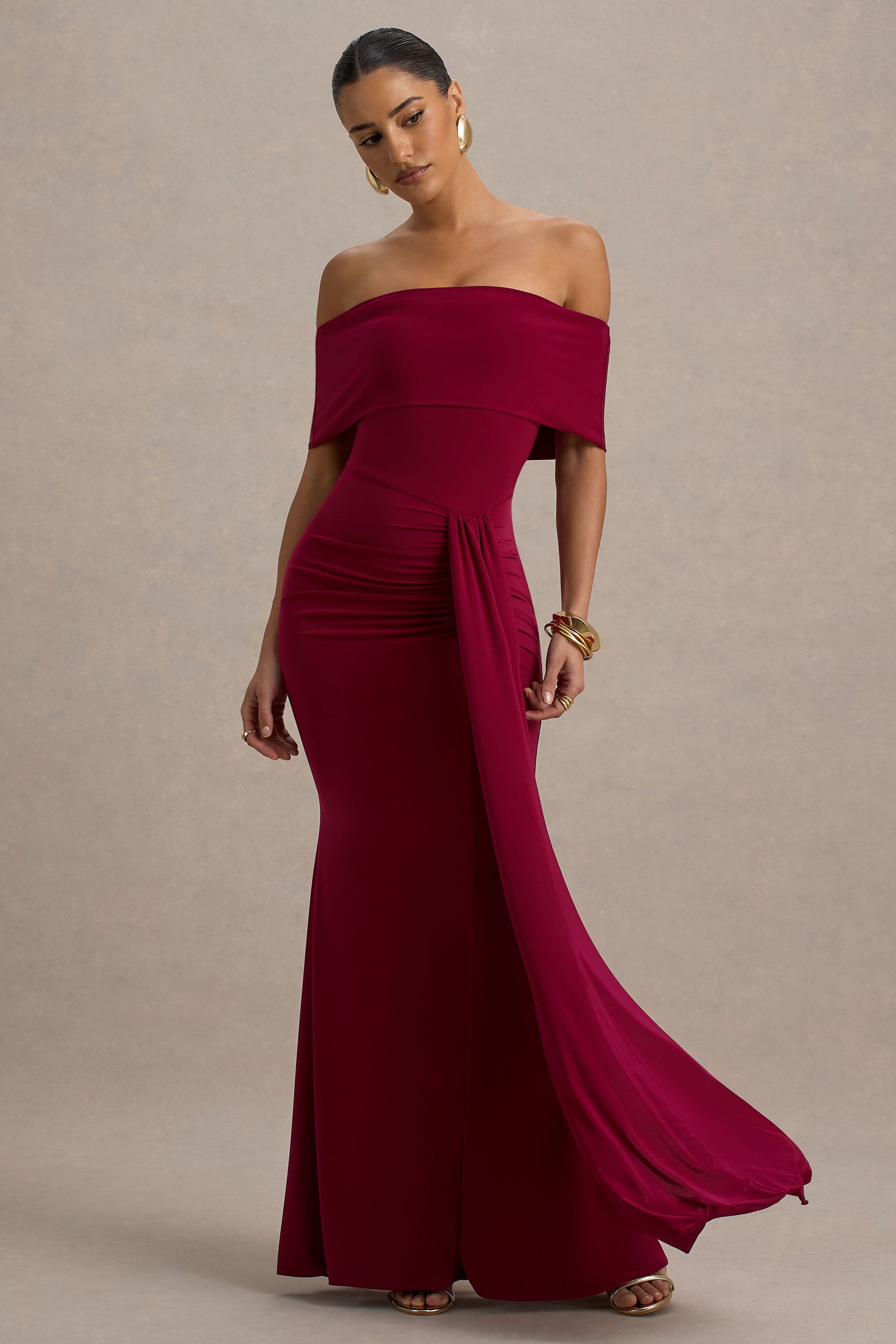 Delma | Burgundy Bardot Maxi Dress With Drape Detail