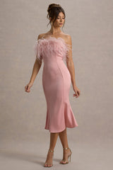 One And Only | Light Pink Satin Feather Trim Bandeau Midi Dress