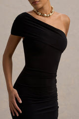 Alethea | Black Asymmetric Bardot Maxi Dress