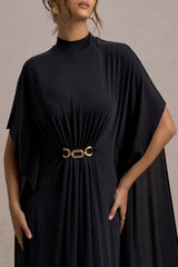Olessia | Black Belted Gathered Cape-Sleeve Maxi Dress
