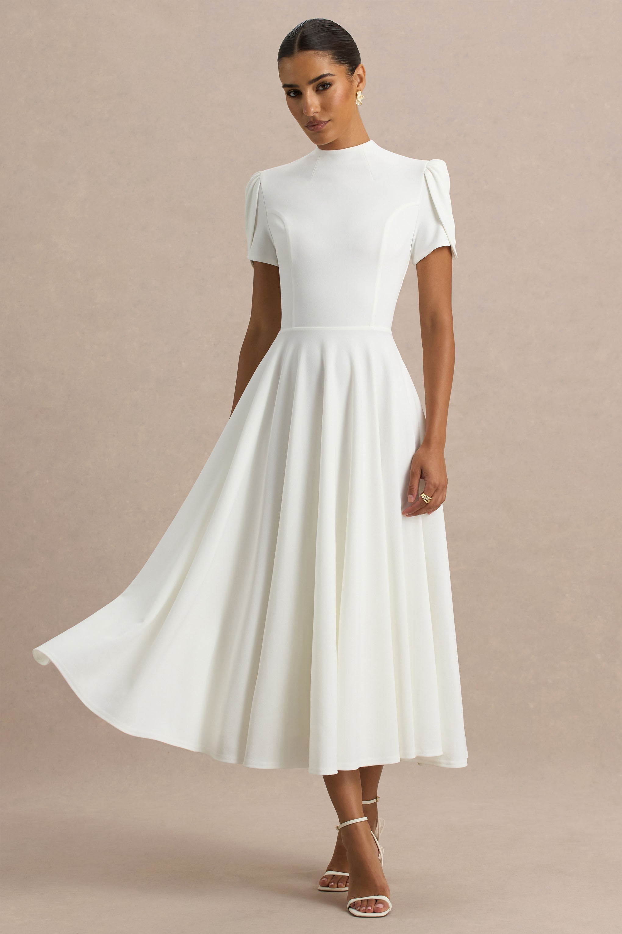 Vicky | White High Neck Midi Dress With Puff Sleeves