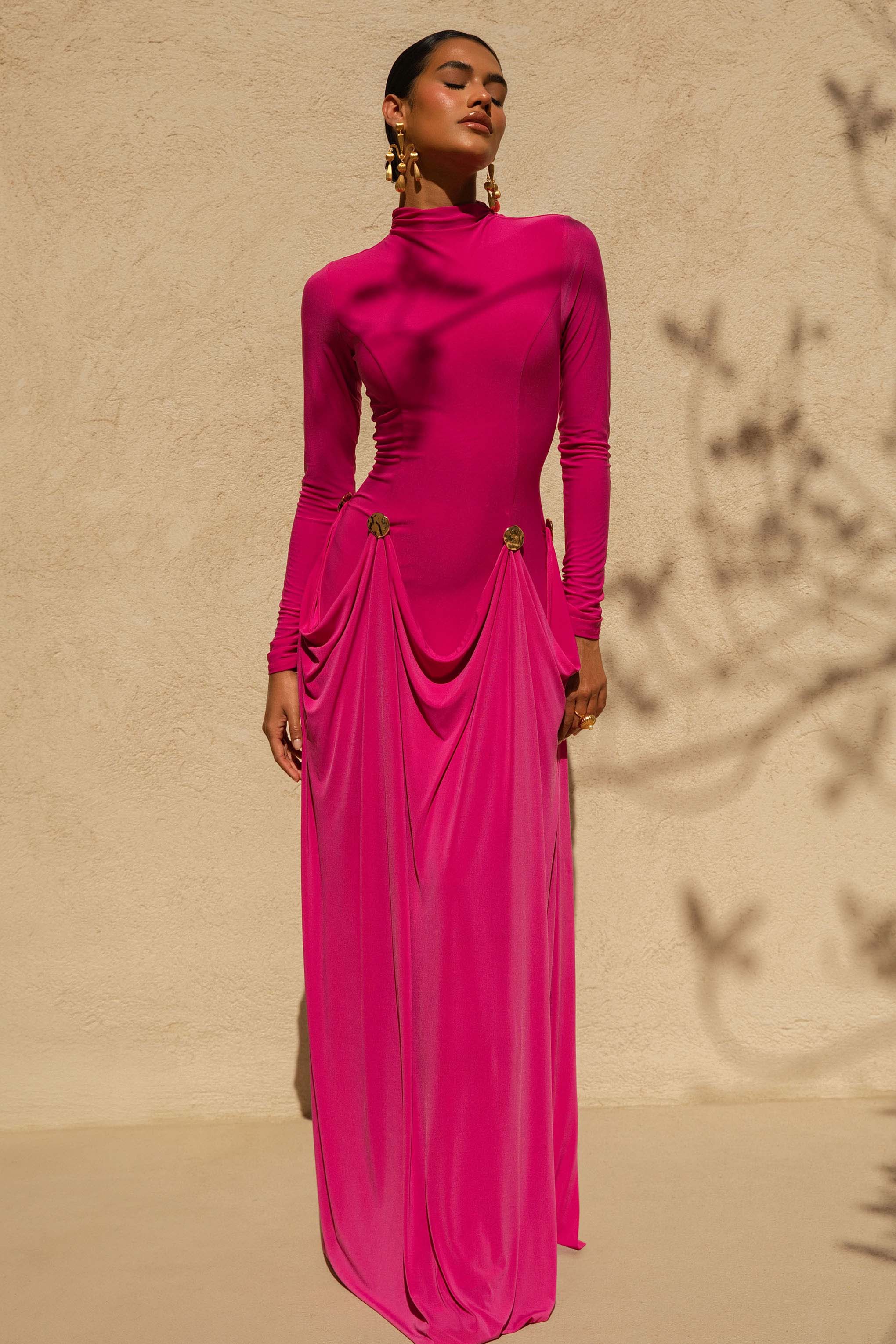 Caprice | Hot Pink High-Neck Maxi Dress With Embellished Details