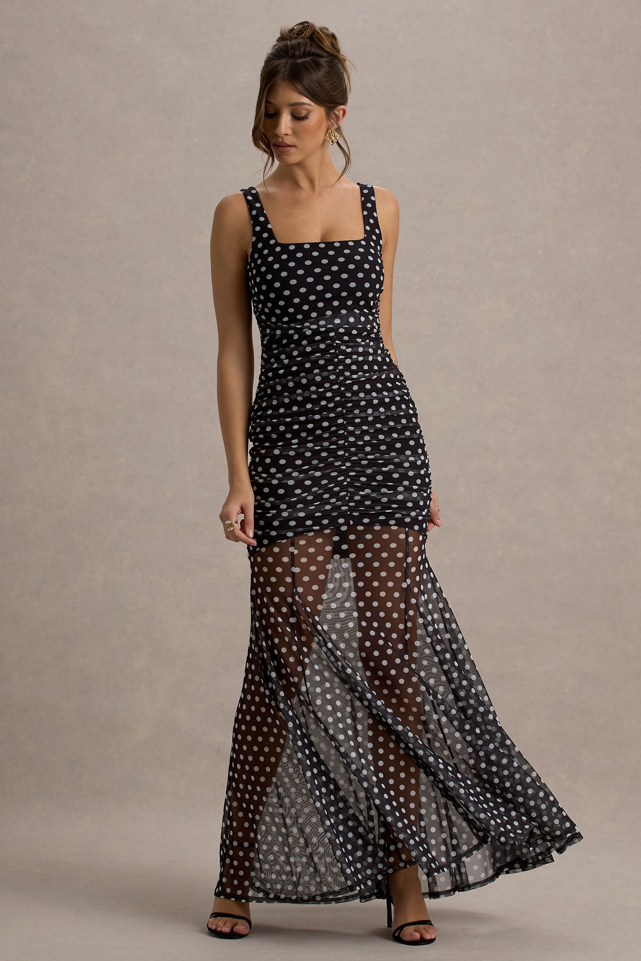 Galaxia | Black & White Polka Dot Maxi Dress With Mesh Skirt