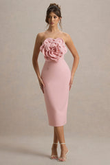 Phina | Pale Pink Bodycon Midi Dress With Large Floral Corsages