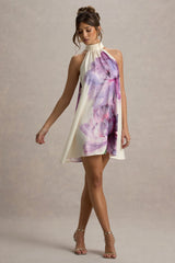 Maisie | Pink Floral Print High-Neck A-Line Mini Dress With Bow