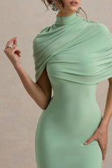 Cecille | Light Green Midi Dress With Cape Sleeve Detail
