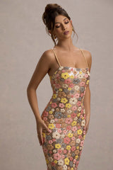 Vitora | Pastel Floral Print Sequin Square-Neck Maxi Dress