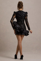 Myka | Black Sequin Long-Sleeve Ruffle Hem Mini Dress