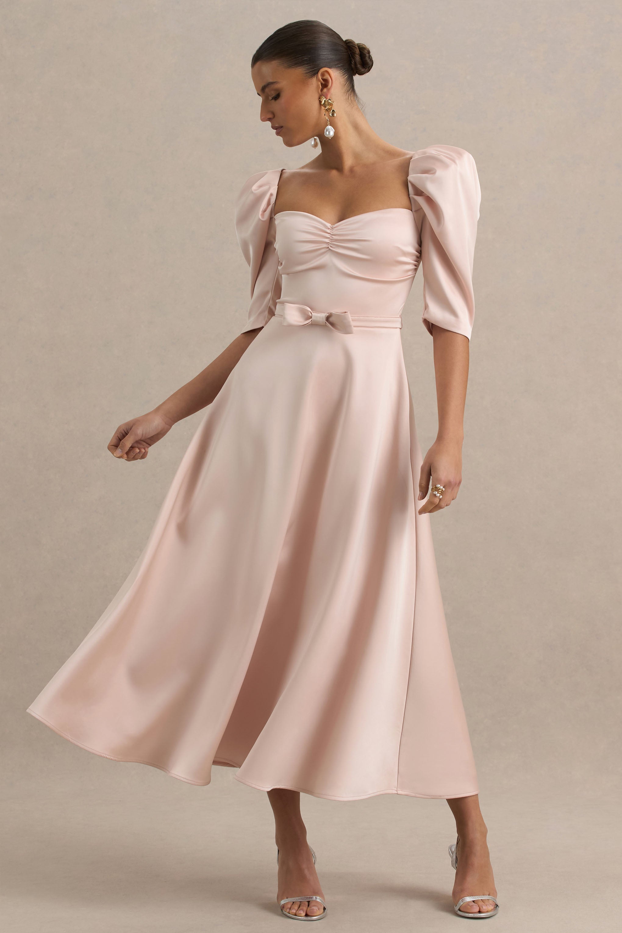 Rosey | Pale Pink Satin Sweetheart Midi Dress