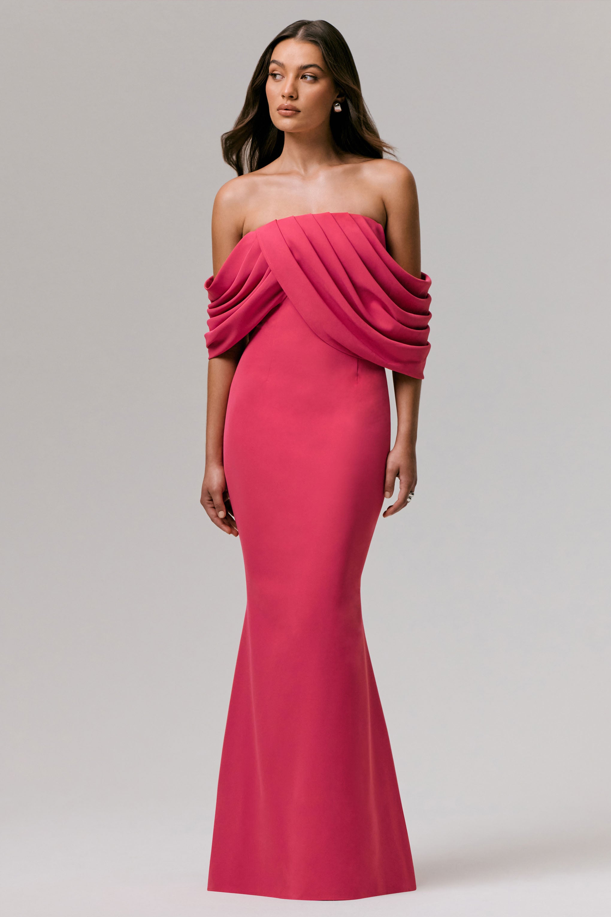 Serene | Hot Pink Draped Bardot Maxi Dress