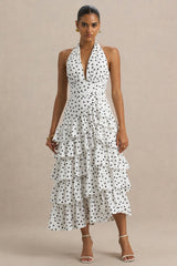 Violet | White Polka Dot Linen Midi Dress With Halter-Neck and Ruffled Skirt
