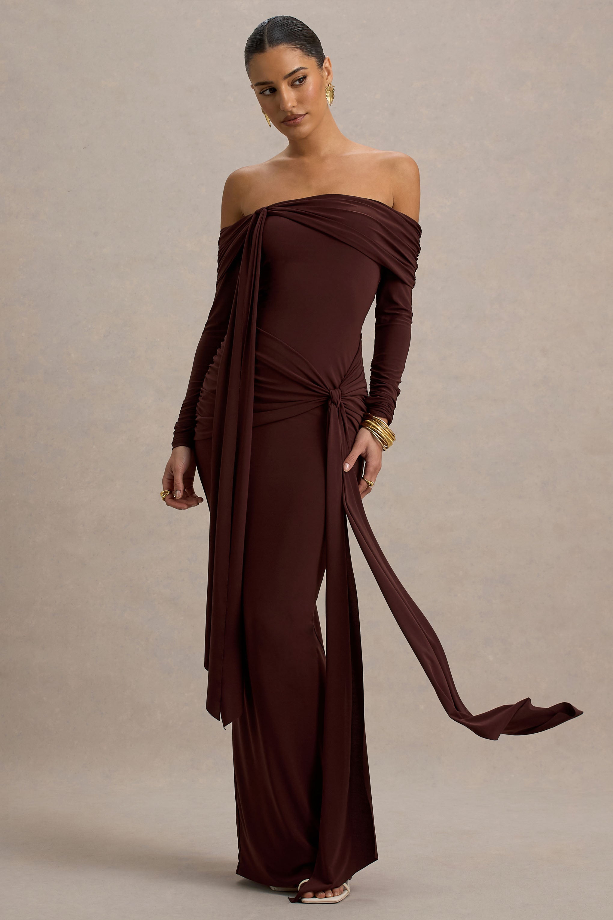 Jovie | Brown Bardot Wrap Maxi Dress With Sash Detail