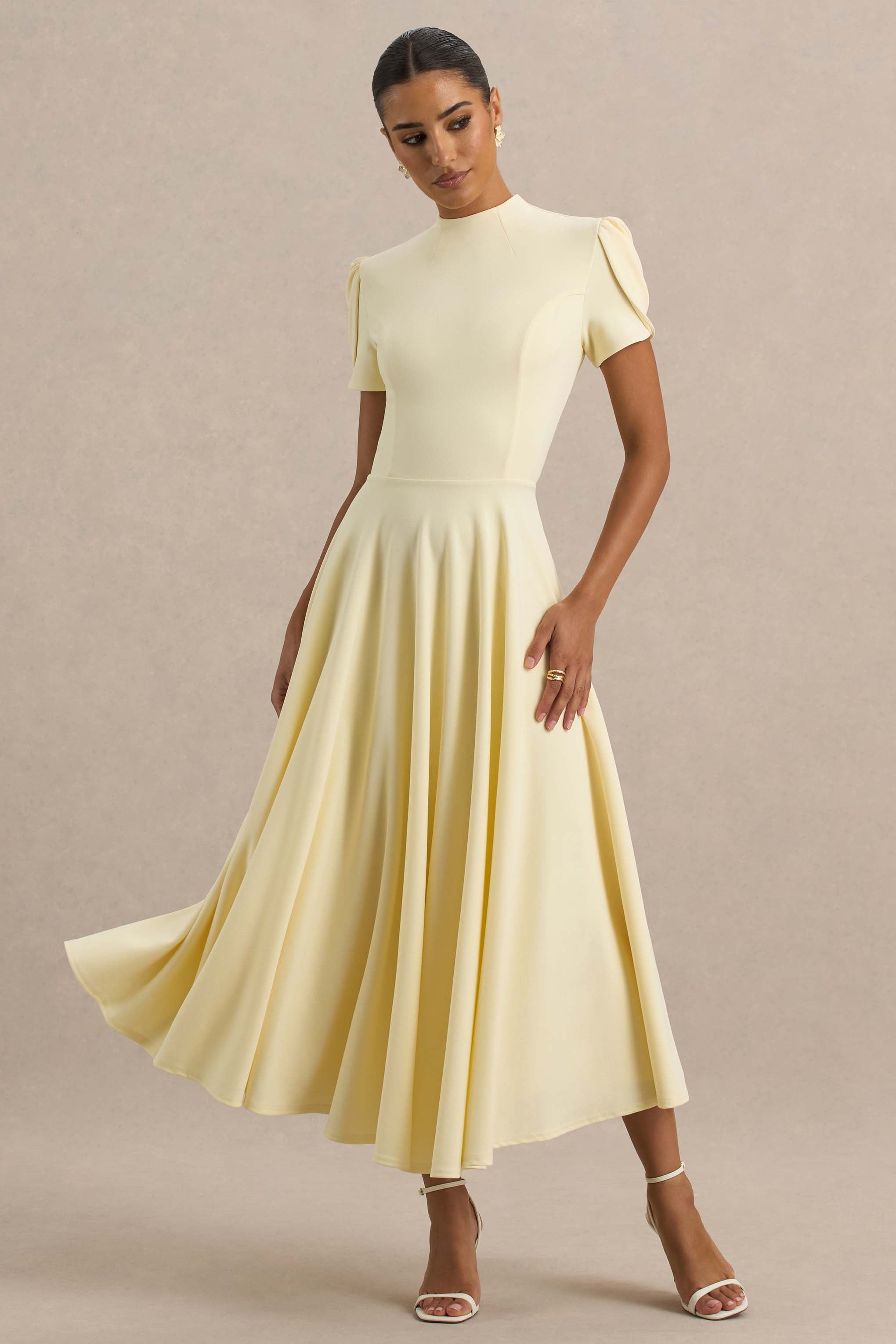 Vicky | Lemon High Neck Midi Dress With Puff Sleeves