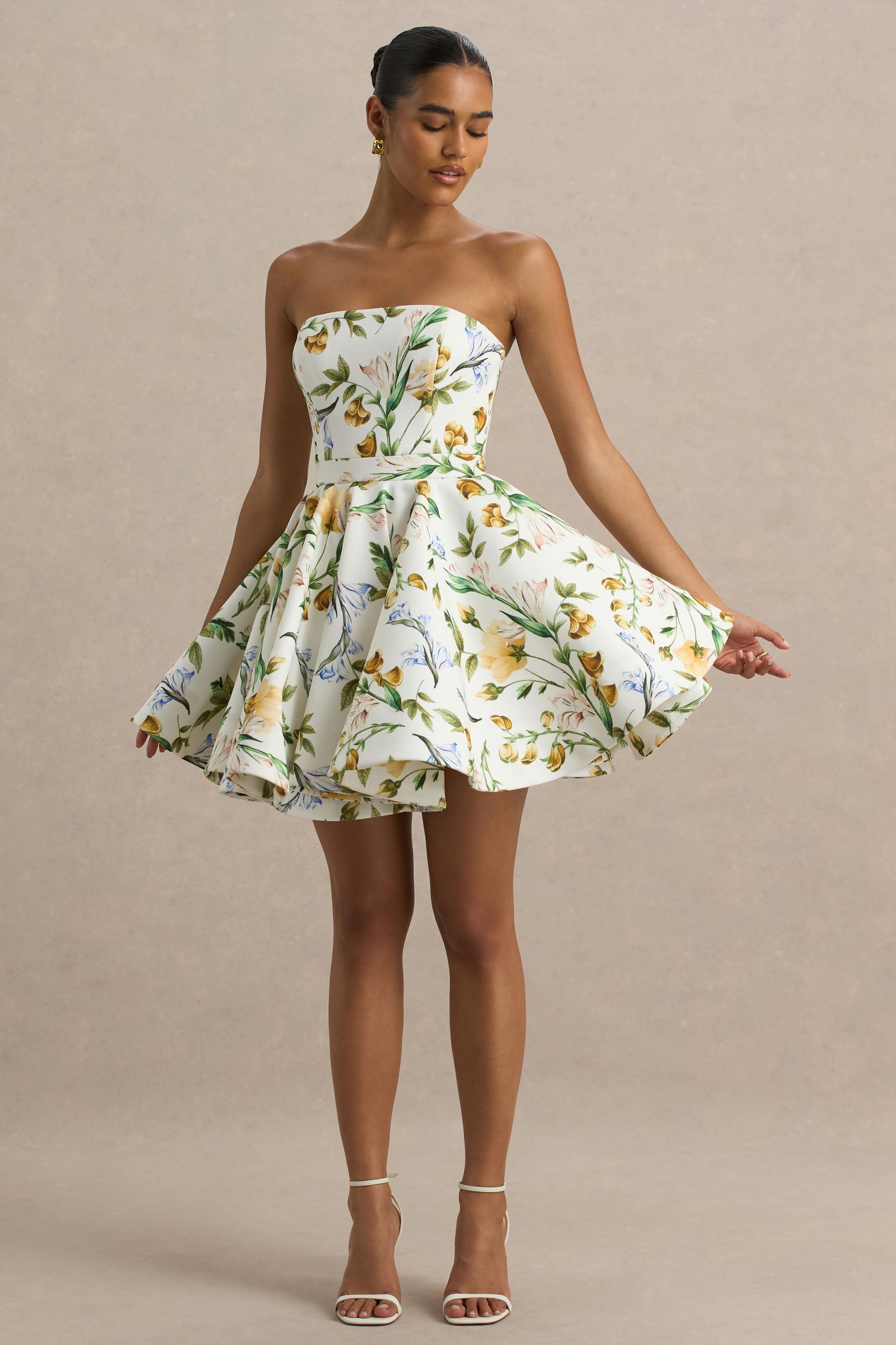 Valerian | White Botanical Print Bandeau Mini Dress With Ruffle Hem
