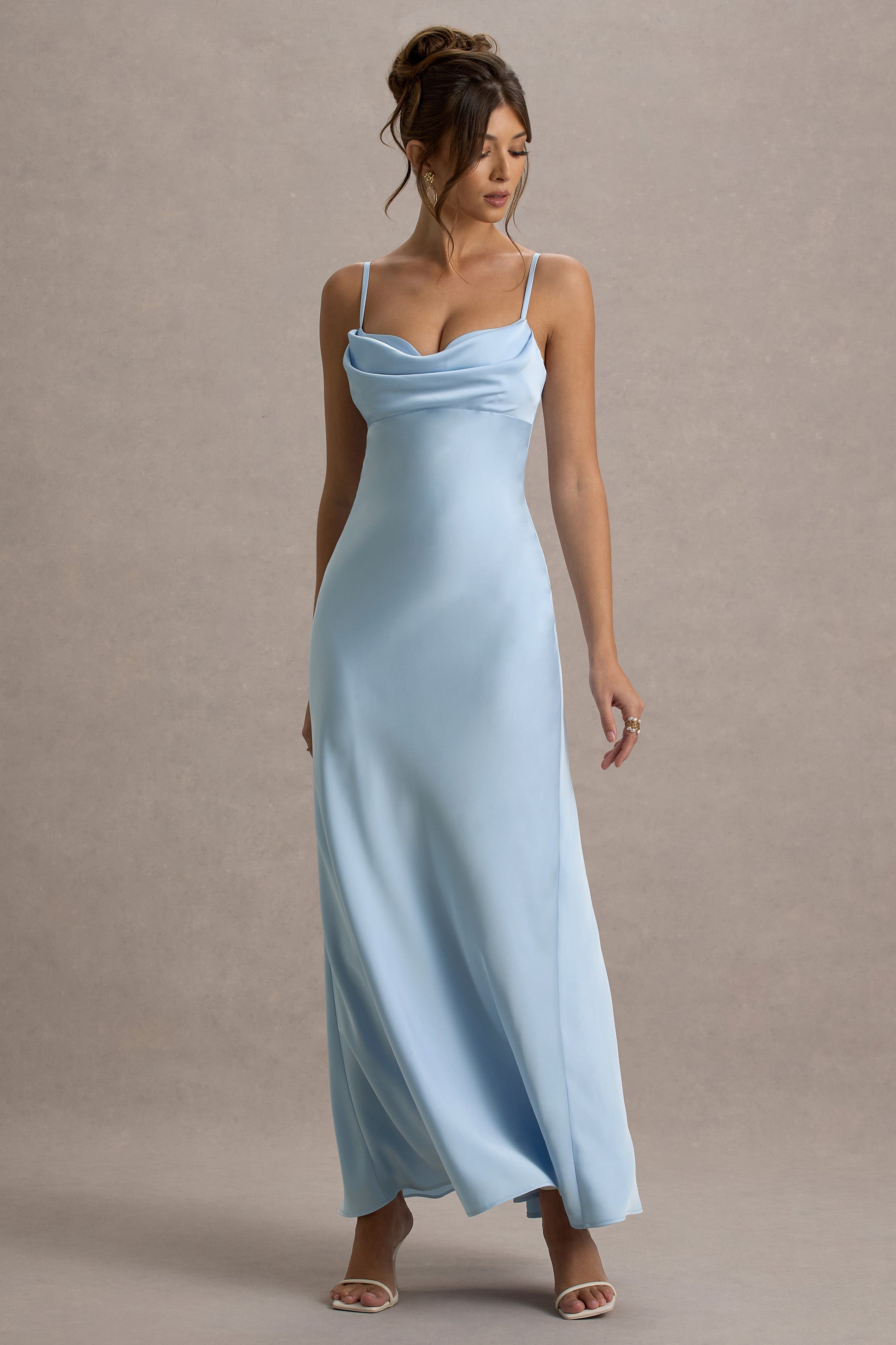 Eimear | Powder Blue Satin Draped Sweetheart Maxi Dress