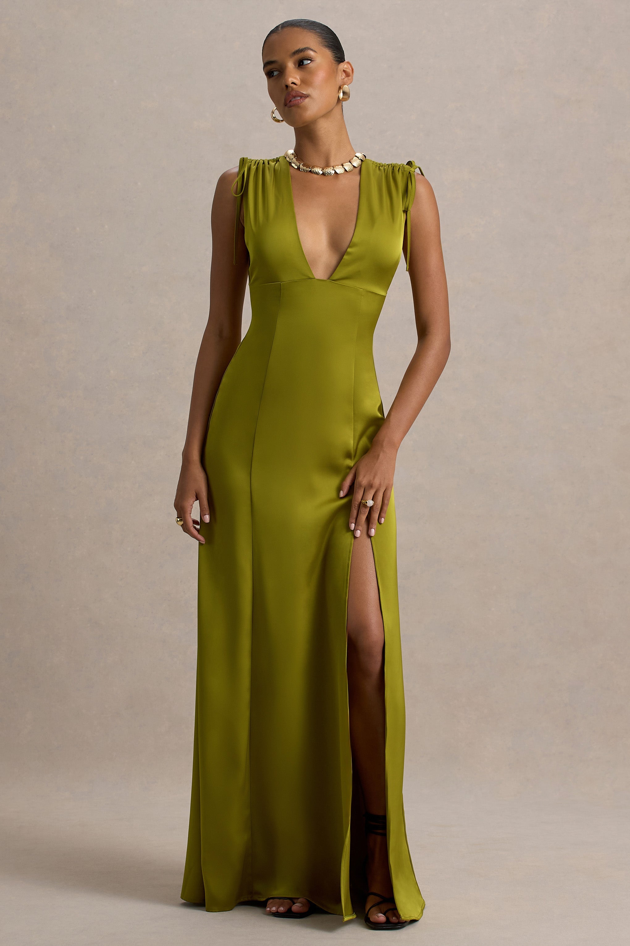 Ysabella | Olive Satin Plunge-Neck Split Maxi Dress