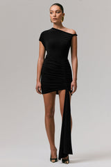 Marci | Black Asymmetric Ruched Mini Dress With Sash