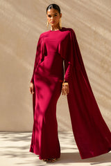 Belinda | Burgundy Draped Maxi Dress With Cape Sleeves
