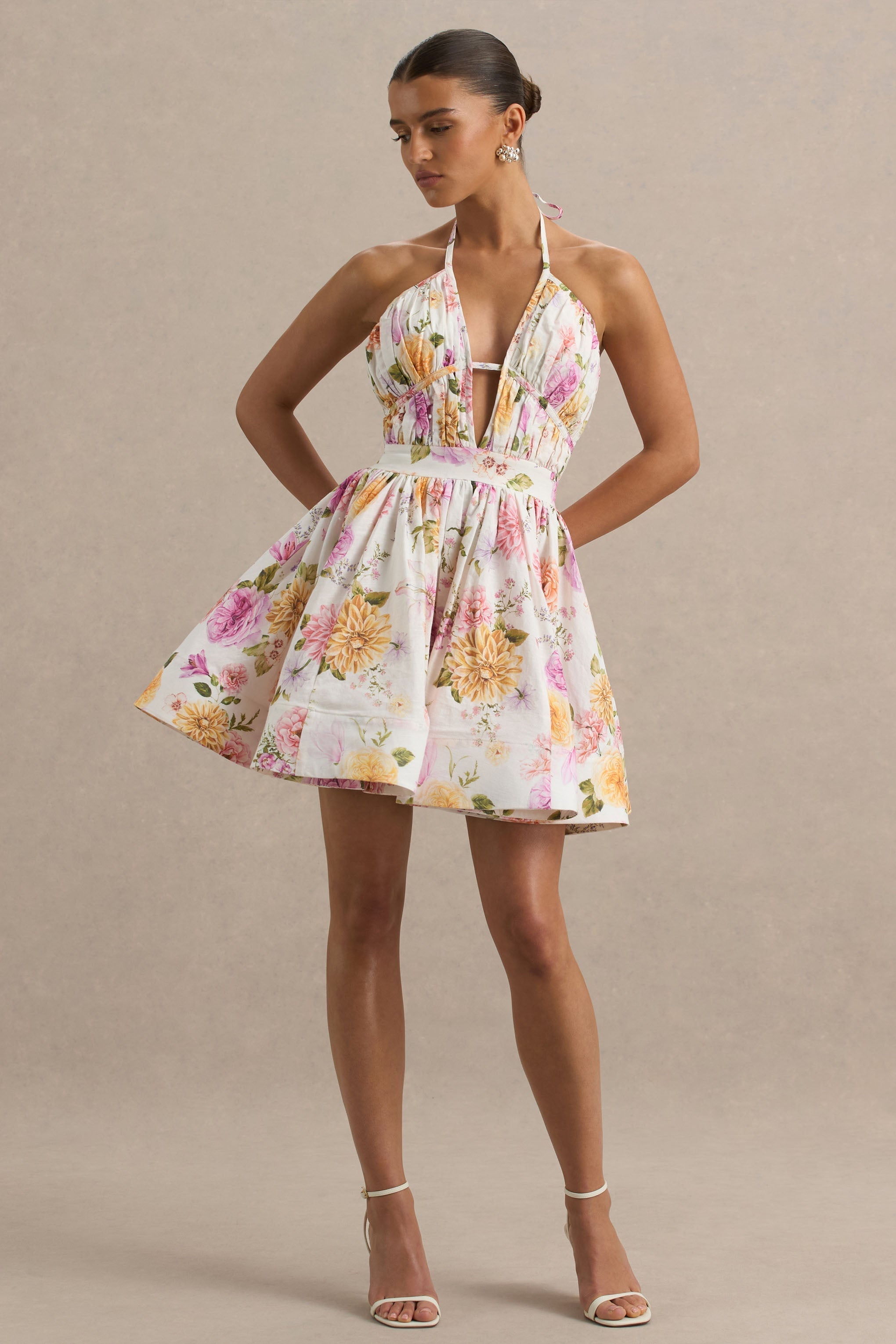 Kasey | Cream Floral Print Halter-Neck Mini Dress With Ruffle Detail
