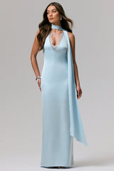True Icon | Powder Blue Satin V-Neck Maxi Slip Dress With Sash